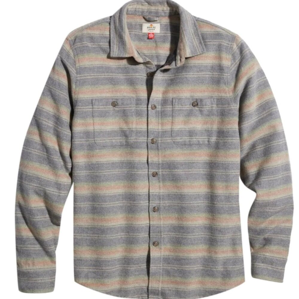 MARINE LAYER I Striped Vintage Style Cotton-Wool Blend Button Front Shirt, L - Picture 2 of 15